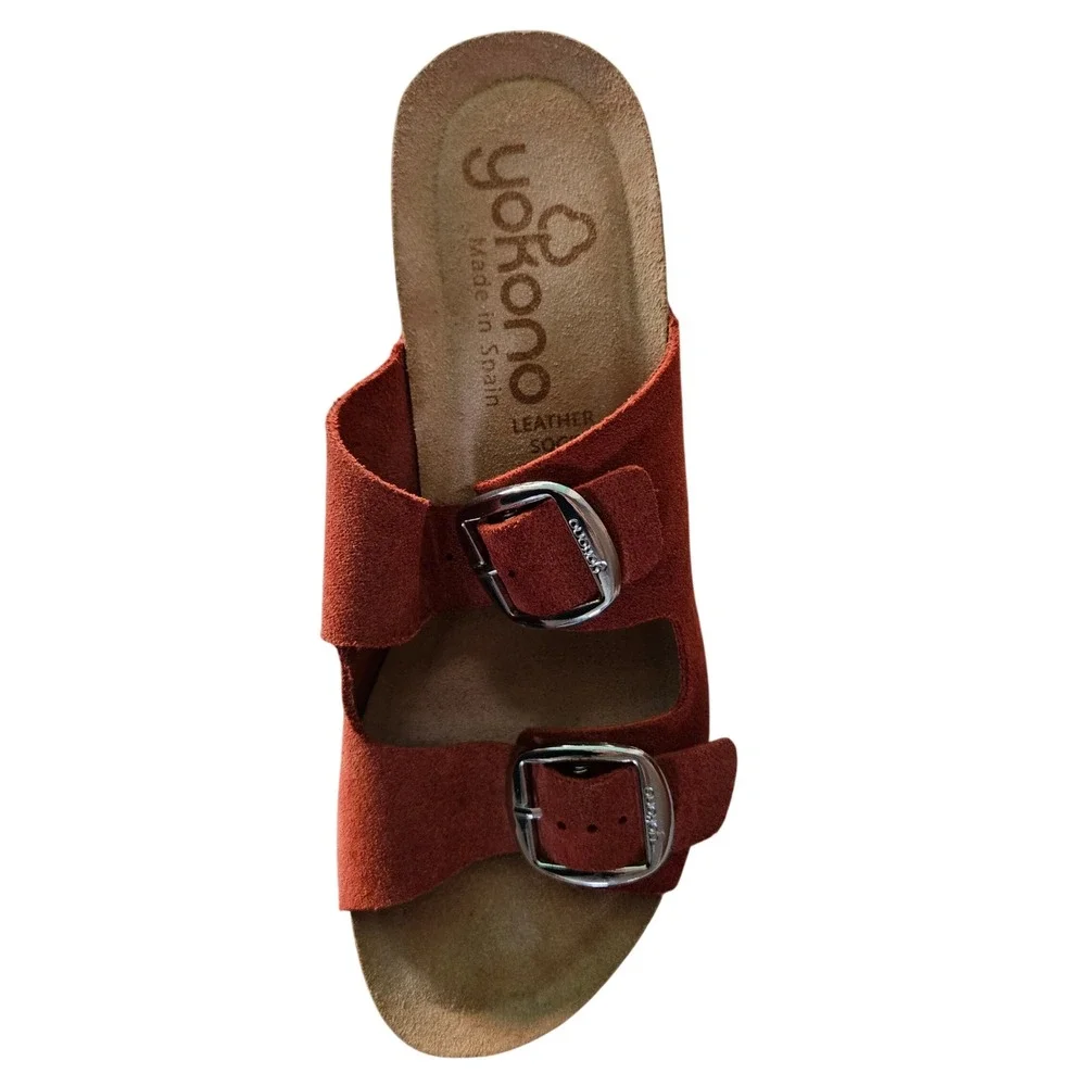 Yokono Ibiza Women's 6.5 Rust Orange Suede Double Buckle Cork Wedge Sandals